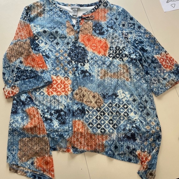 Catherine’s Asymmetrical Hem Blouse Blue Orange Lined Sheer Sleeves 3x/WP 26-28 - Picture 7 of 9